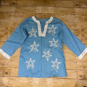 Barbara Gerwit Blue Linen Tunic Top Blouse Starfish Embroidered Beaded XL